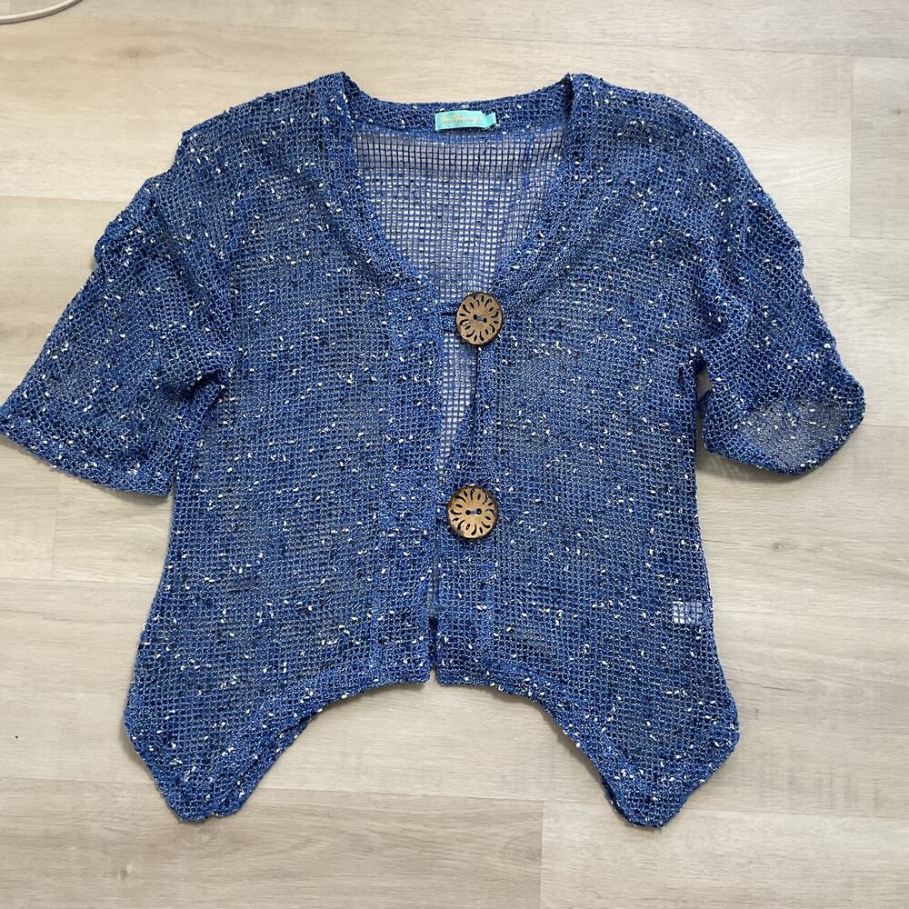 Anthonys Resort Wear Womens Cover Up Knit Fishnet Cardigan Blue Small